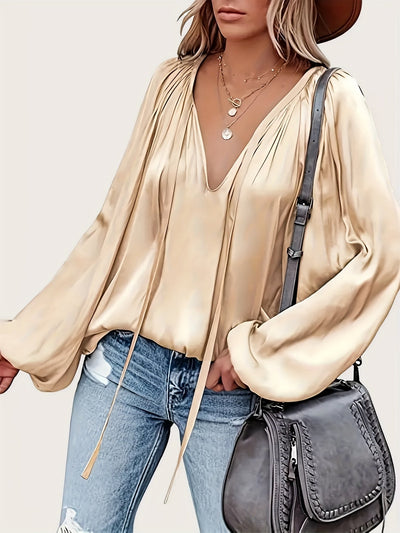 Bluse mit V Ausschnitt Schleife Laternenärmeln für Frauen