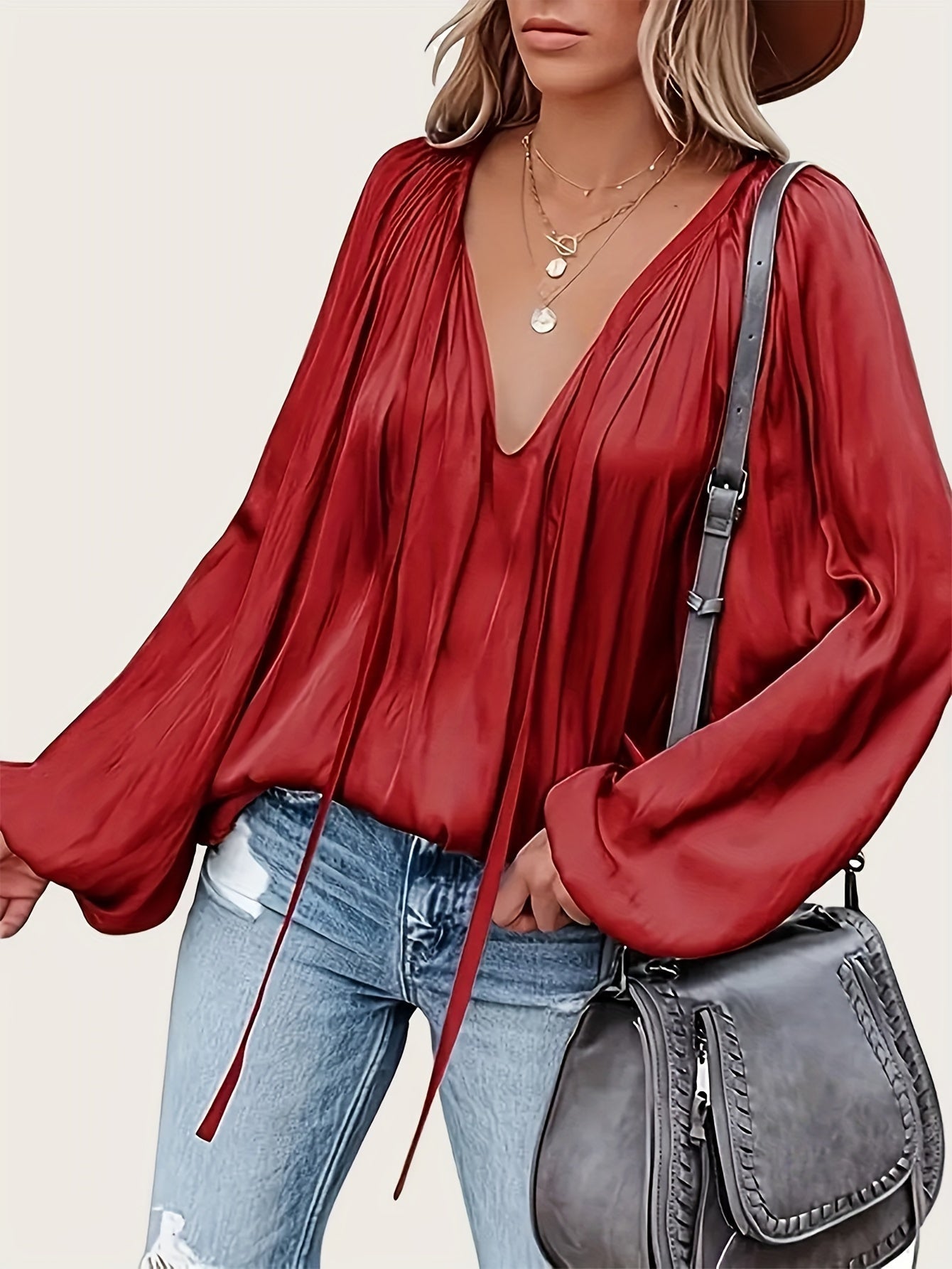 Bluse mit V Ausschnitt Schleife Laternenärmeln für Frauen