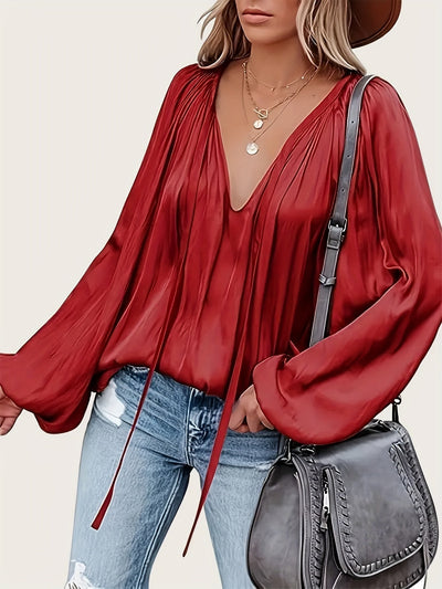 Bluse mit V Ausschnitt Schleife Laternenärmeln für Frauen