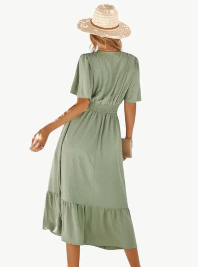 Midi-Sommerkleid mit V-Ausschnitt und Taillenbetonung – Locker & Feminin