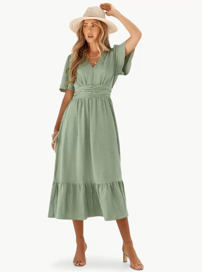 Midi-Sommerkleid mit V-Ausschnitt und Taillenbetonung – Locker & Feminin