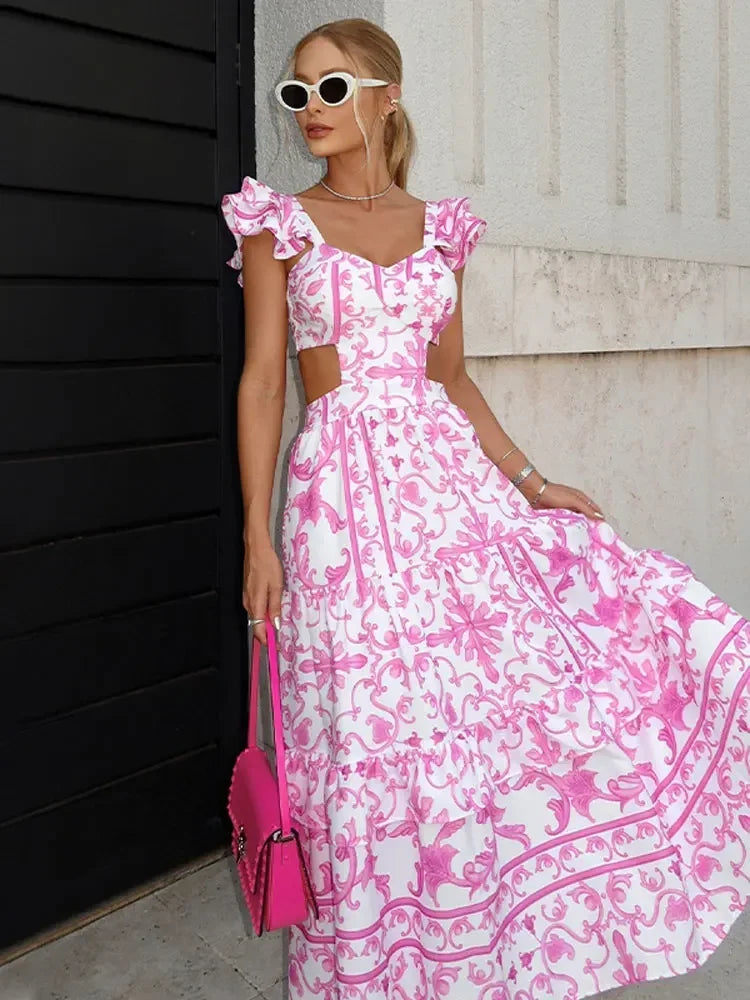 Sally - Langes rosa Kleid mit Blumendruck