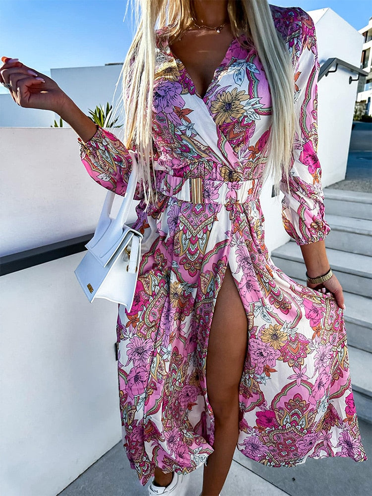 Langarm Blumenmuster Kleid mit Gürtel für Damen