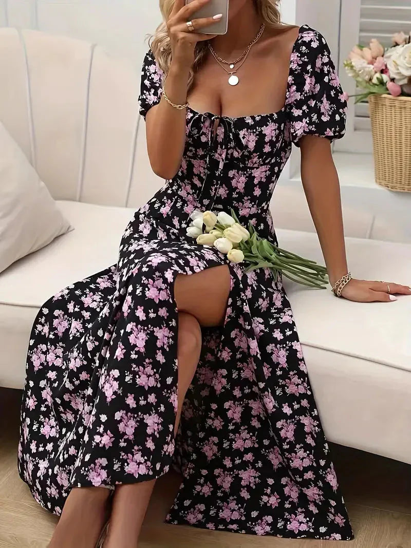 A-Linien-Kleid Mit Blumendruck Und Puffärmeln Für Frühling Sommer