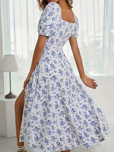 A-Linien-Kleid Mit Blumendruck Und Puffärmeln Für Frühling Sommer