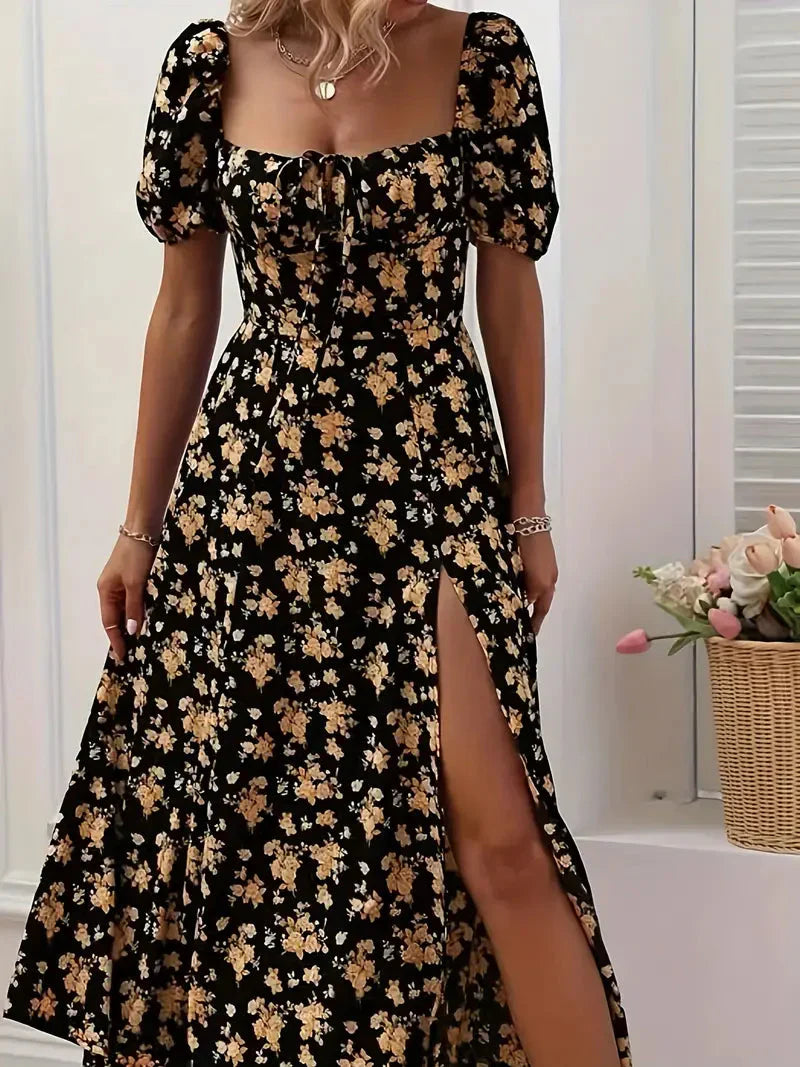 A-Linien-Kleid Mit Blumendruck Und Puffärmeln Für Frühling Sommer