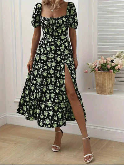 A-Linien-Kleid Mit Blumendruck Und Puffärmeln Für Frühling Sommer