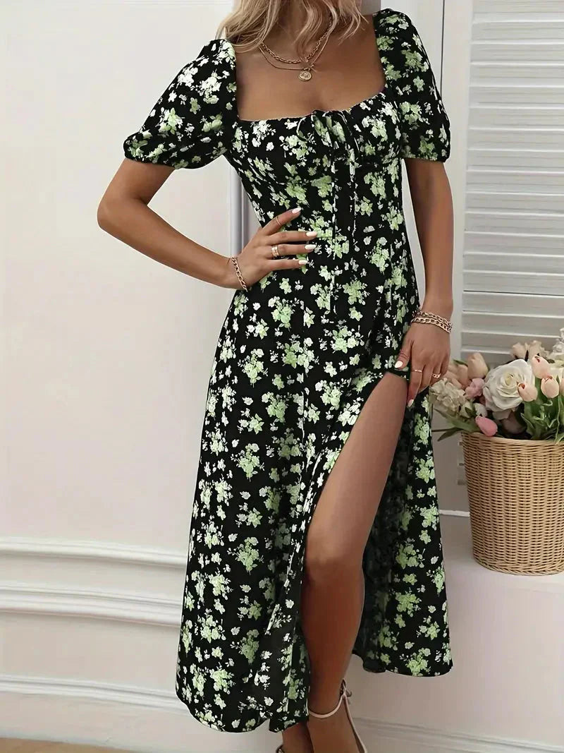 A-Linien-Kleid Mit Blumendruck Und Puffärmeln Für Frühling Sommer