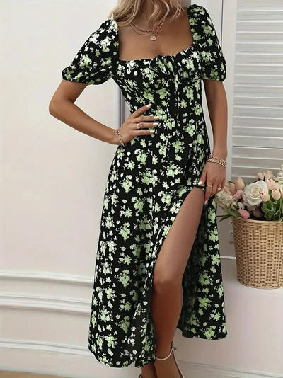 A-Linien-Kleid Mit Blumendruck Und Puffärmeln Für Frühling Sommer