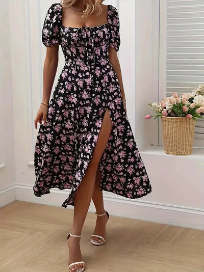 A-Linien-Kleid Mit Blumendruck Und Puffärmeln Für Frühling Sommer