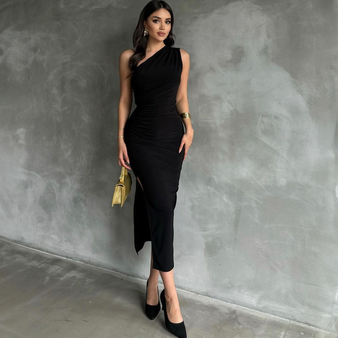 Ärmelloses ärmelloses Kleid mit Seitenschlitz schwarz - Alessia