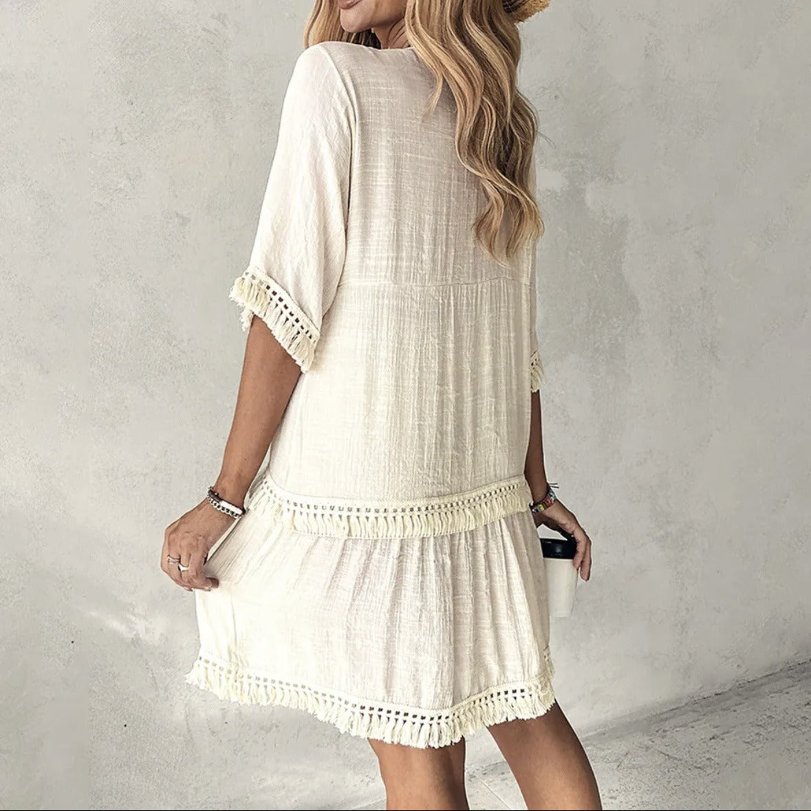 Bohème Frauenkleid mit Quasten bestickt elfenbeinweiß - Isadora