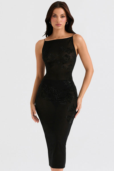Schwarzes Midikleid mit Kristallbesetztem Mesh Detail für Frauen