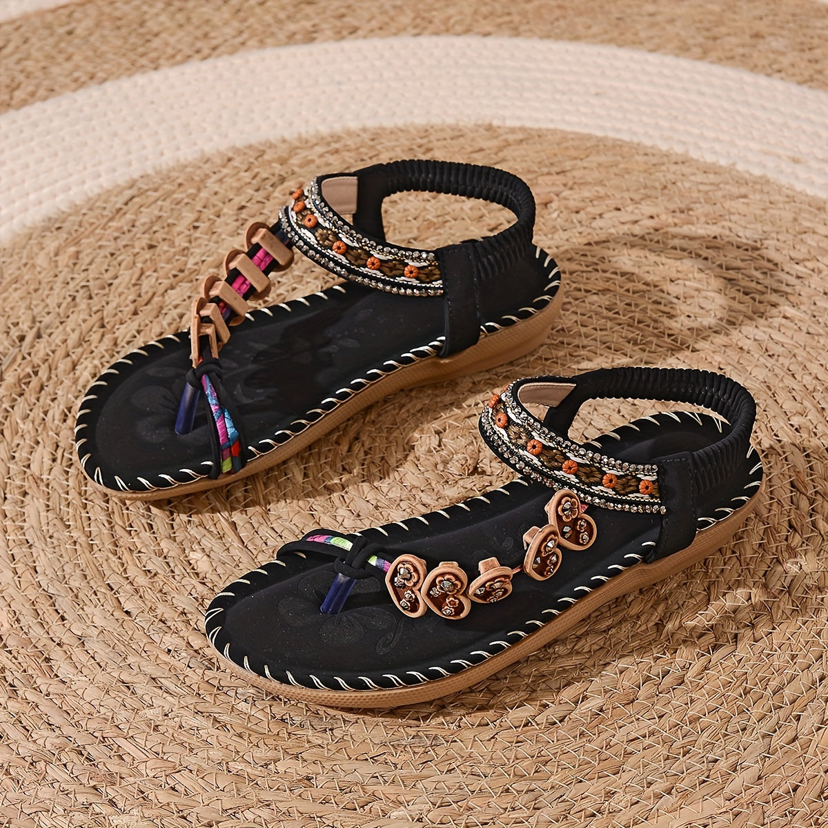 Bohème Perlen Strass Flats mit Knöchelriemen