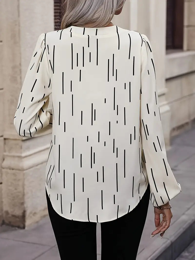 Beiläufige Langärmelige Linie Druck Kerbe Hals Bluse