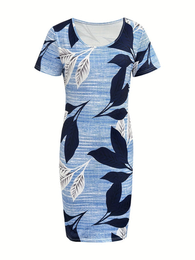 Bodycon Kleid mit kurzen Ärmeln Blattdruck Blau