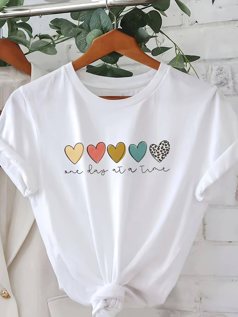 Herz-Print Kurzarm-T-Shirt für Damen
