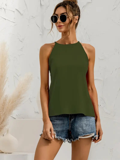 Asymmetrisches Neckholder-Top Volltonfarbe Rundhalsausschnitt Lässiger Stil