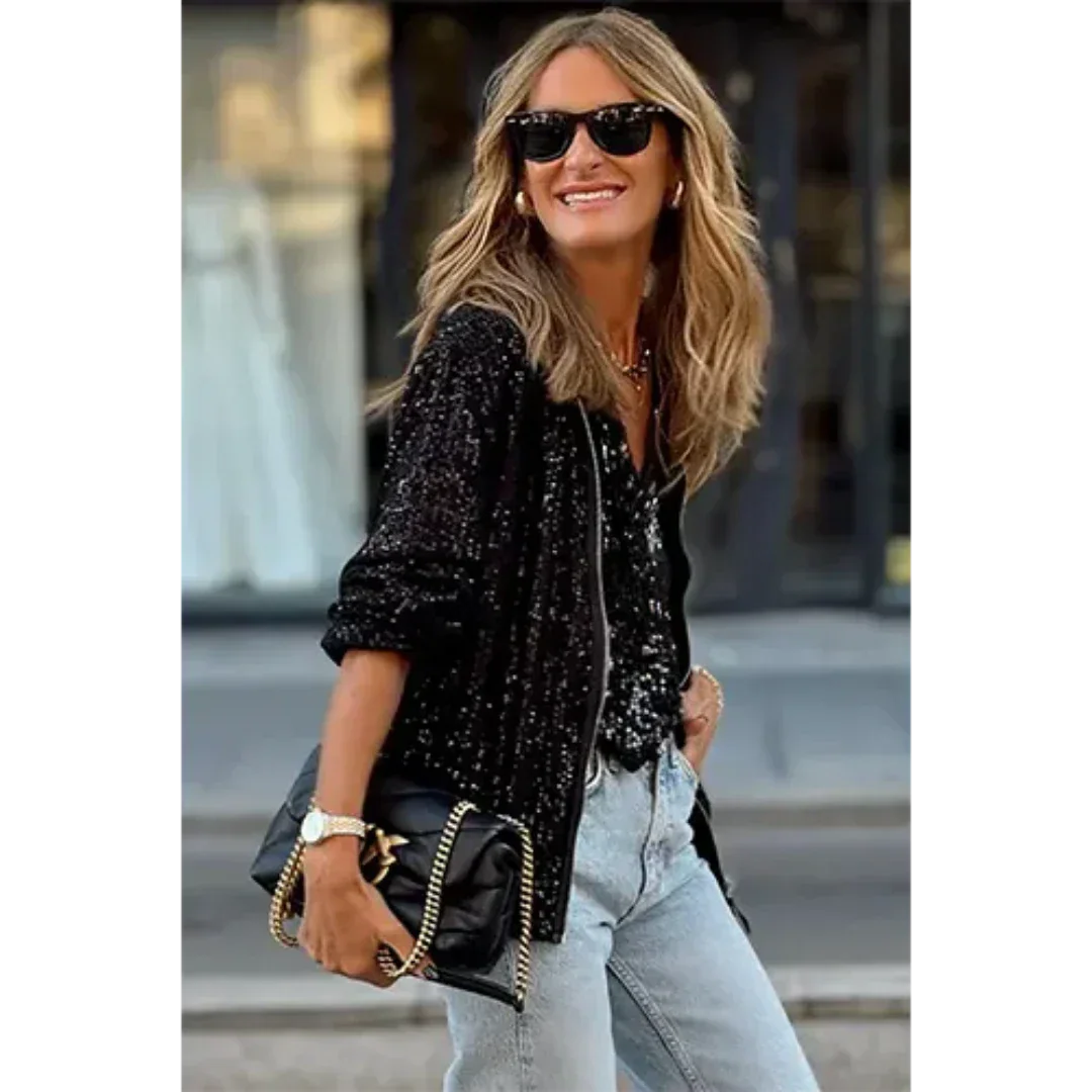 Damen Glitzer Bomberjacke mit Reißverschluss