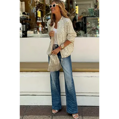 Damen Glitzer Bomberjacke mit Reißverschluss