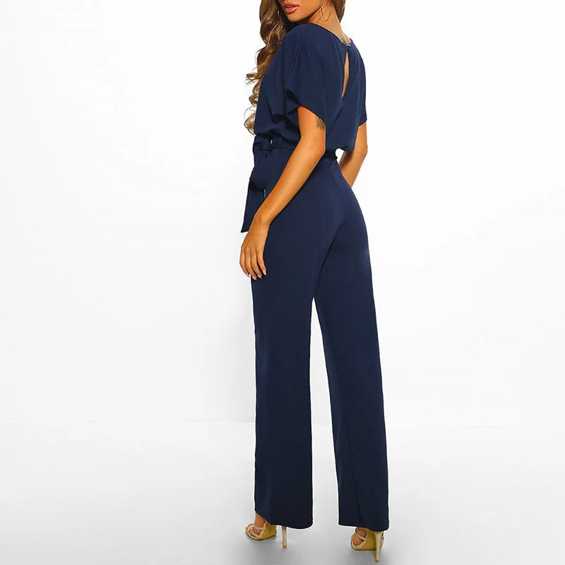 Damen Jumpsuit mit Gürtel und kurzen Ärmeln