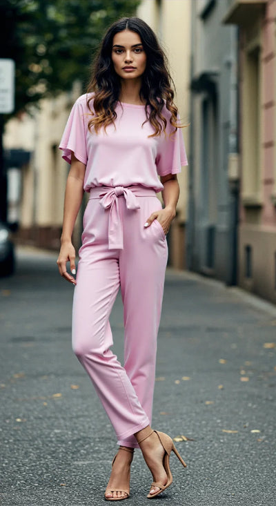 Damen Jumpsuit mit Gürtel und kurzen Ärmeln