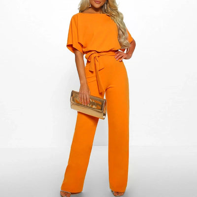 Damen Jumpsuit mit Gürtel und kurzen Ärmeln