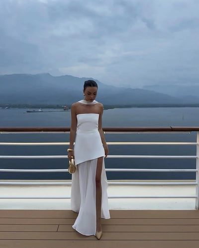 Damen Maxikleid mit asymmetrischen Schichten und geradem Schnitt