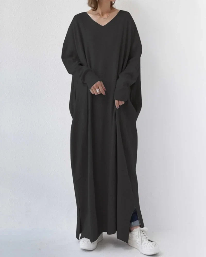 Damen Maxikleid mit V-Ausschnitt und langen Ärmeln