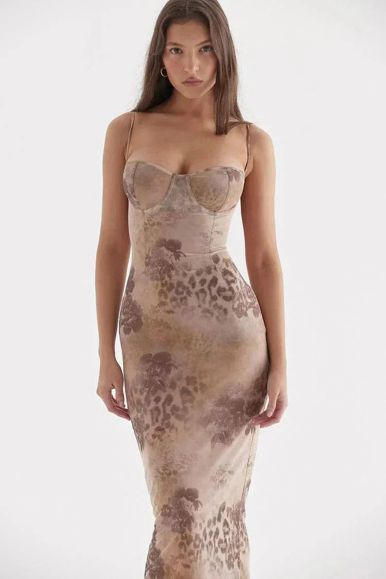 Damen Maxikleid mit verstellbaren Trägern und Blumenmuster