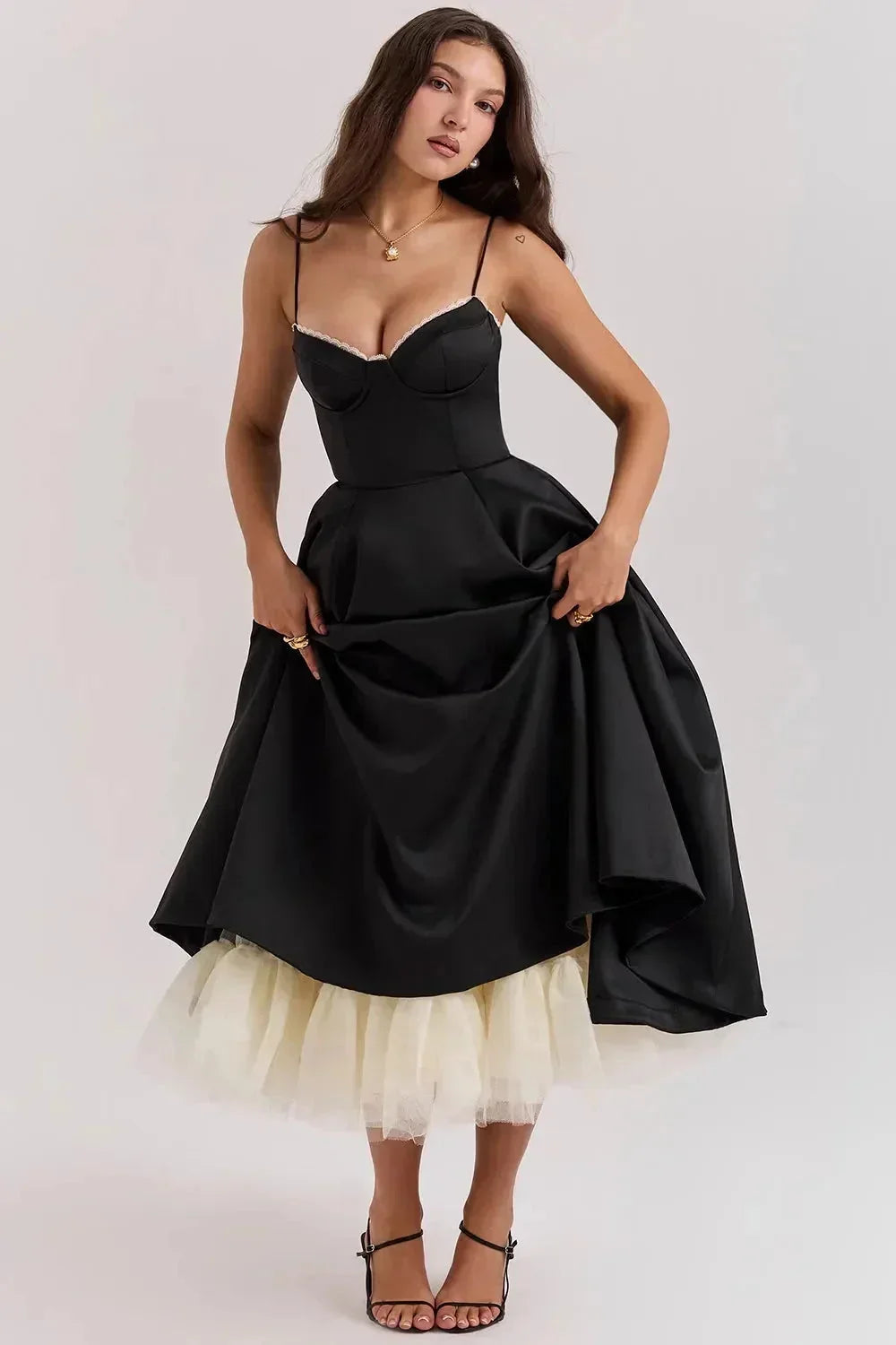 Damen Midi Satin Kleid in Schwarz mit Cremefarbenem Tüll