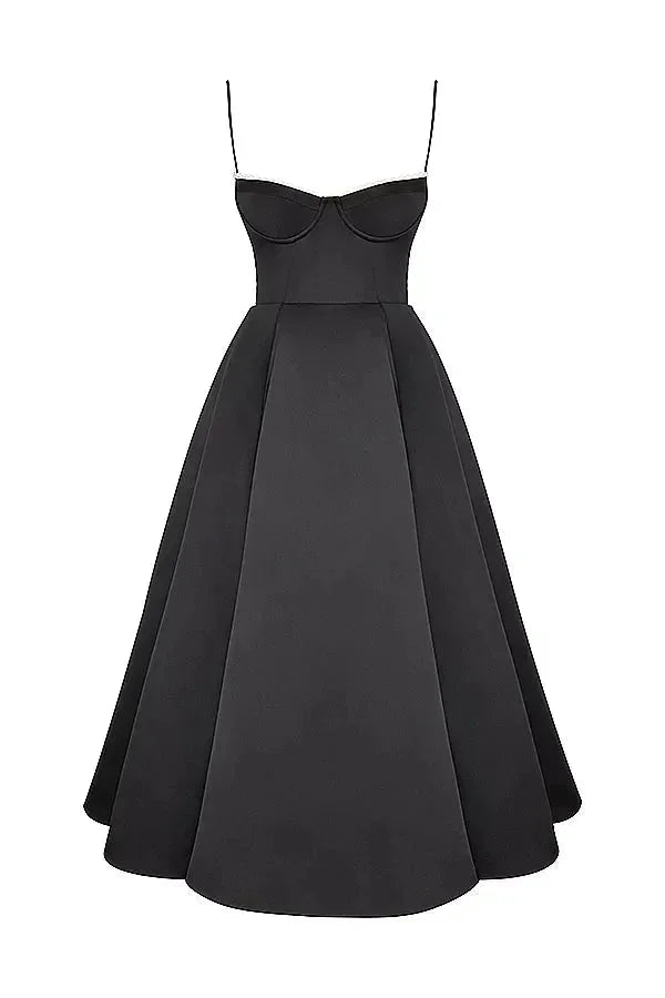 Damen Midi Satin Kleid in Schwarz mit Cremefarbenem Tüll