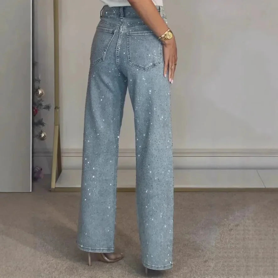 Damen High Waist Wide Leg Jeans mit Strass-Steinen