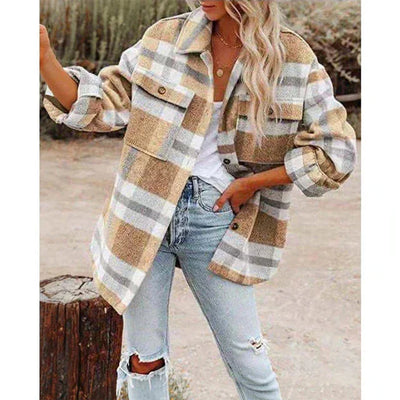Damen Plaid Übergangsjacke in Übergröße mit Taschen