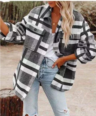 Damen Plaid Übergangsjacke in Übergröße mit Taschen