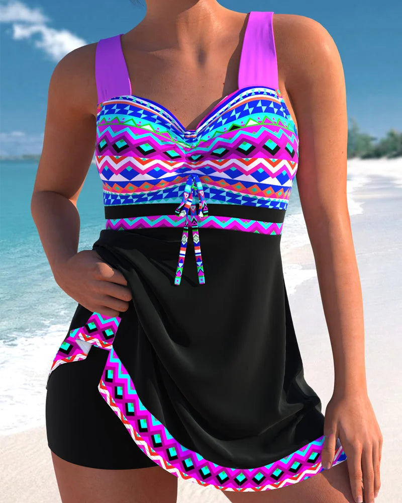 Damen Tankini mit buntem Muster und Schnürdetails