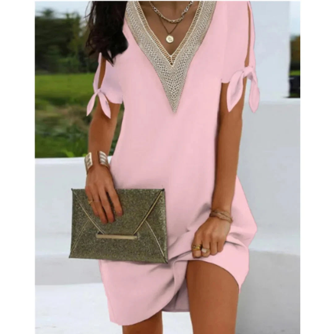 Damen Mini-Tunikakleid mit V-Ausschnitt und Schnürdetails
