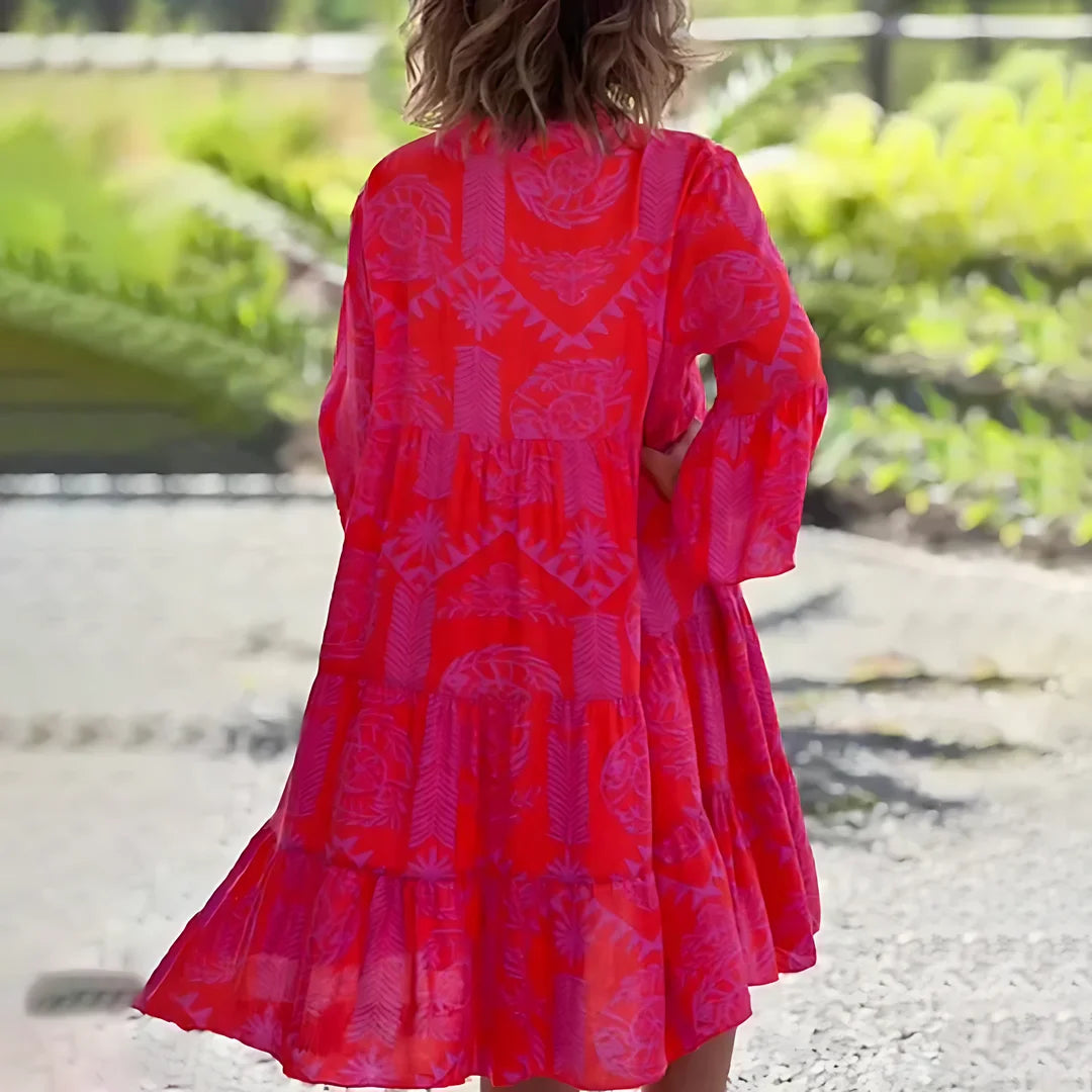 Damen Mini Sommerkleid in Rot mit Blumenmuster und V-Ausschnitt