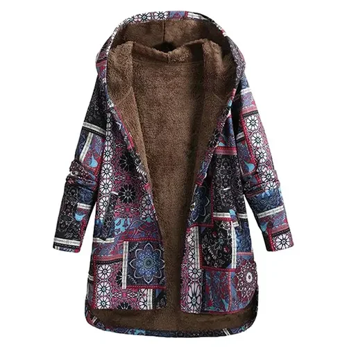 Damen Winter Fleecejacke mit Kapuze in Patchwork Optik