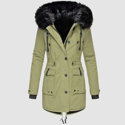 Damen Winterjacke mit Fellkapuze und Taschen