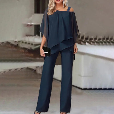 Damen Zweiteiler mit Cold-Shoulder-Bluse und weiten Hosen