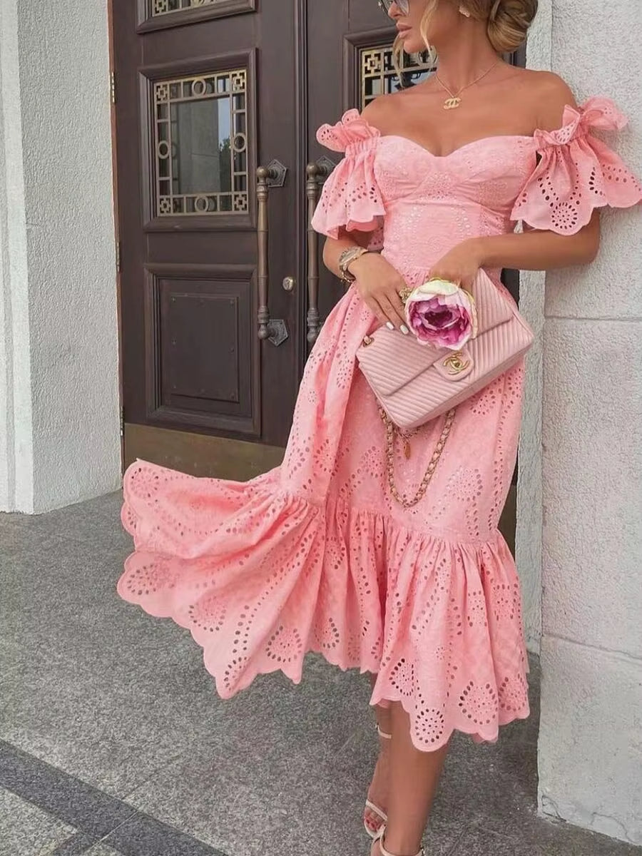 Schulterfreies Midikleid mit romantischer rosa Spitze - Eloïse