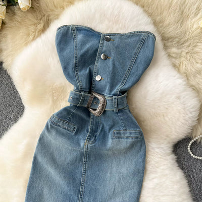 Trägerloses Kleid aus Denim mit Gürtel im Western-Stil - Dakota