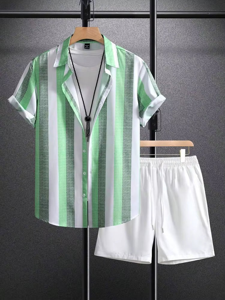 Herren-Sommer-Set gestreiftes Hemd, lässige weiße Shorts - Elio
