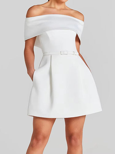 Kurzes Damenkleid mit plissiertem Bardot-Ausschnitt fliederfarben elegant - Liora