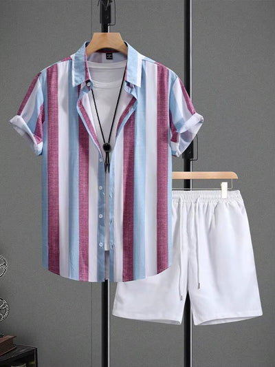Herren-Sommer-Set gestreiftes Hemd, lässige weiße Shorts - Elio