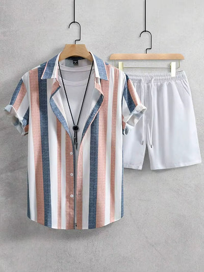 Herren-Sommer-Set gestreiftes Hemd, lässige weiße Shorts - Elio