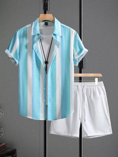 Herren-Sommer-Set gestreiftes Hemd, lässige weiße Shorts - Elio