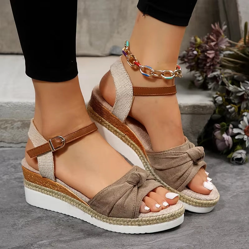 Damen Plateau-Sandalen mit offener Spitze aus Jute Denim - Isela