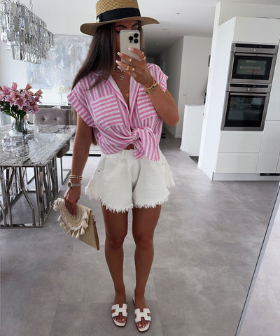 Kurzarmshirt mit Streifen in Babyrosa für Frauen